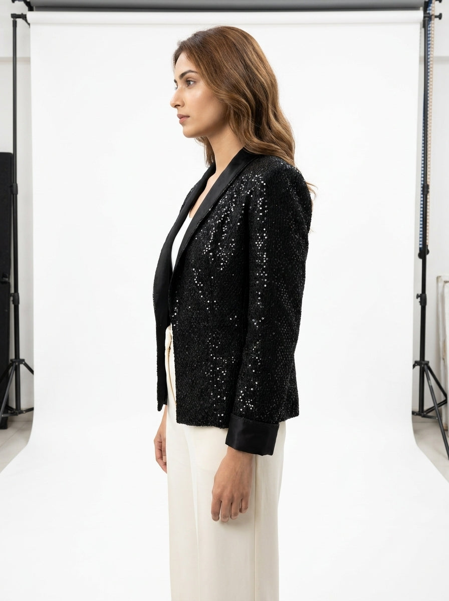 Dupion Silk Chawal Taka  Sequins Jaal Embroidered Jacket - Black