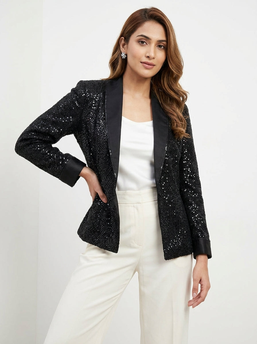 Dupion Silk Chawal Taka  Sequins Jaal Embroidered Jacket - Black