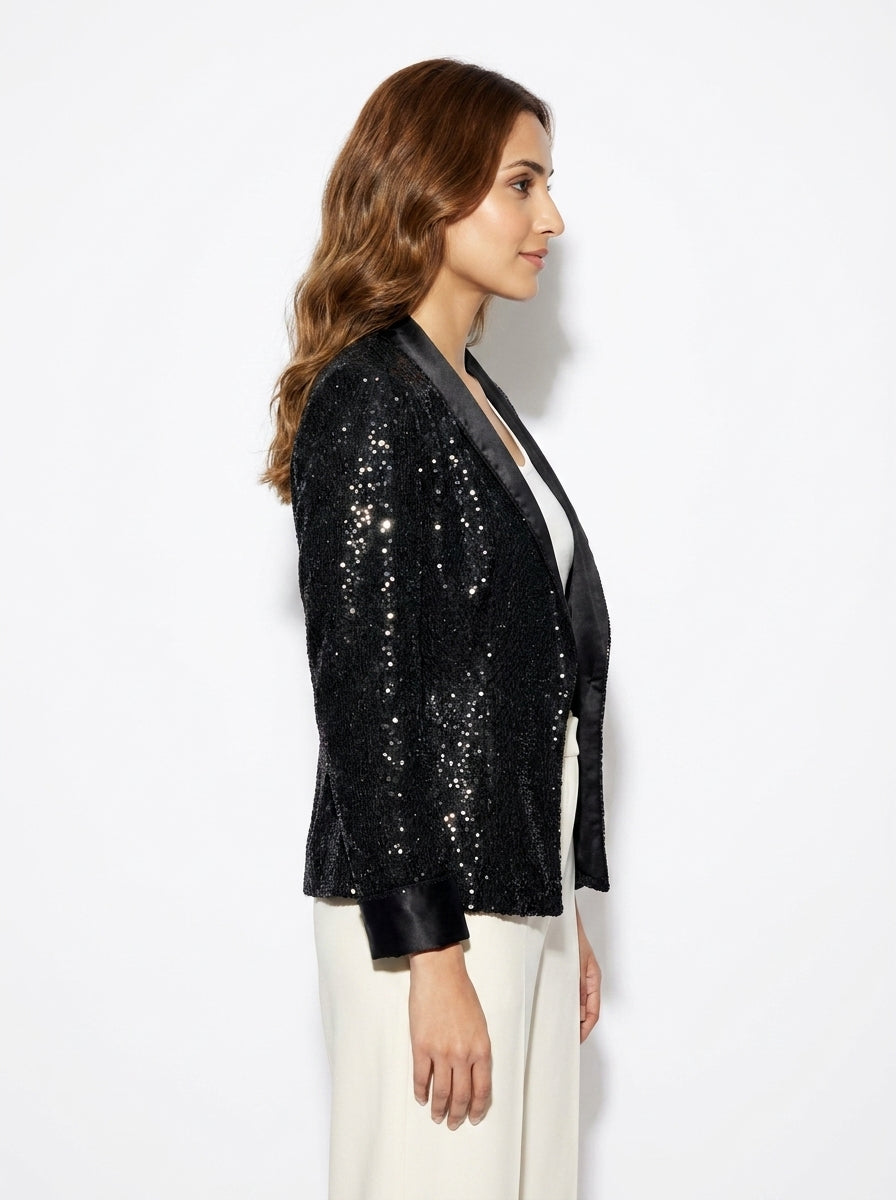 Dupion Silk Chawal Taka  Sequins Jaal Embroidered Jacket - Black