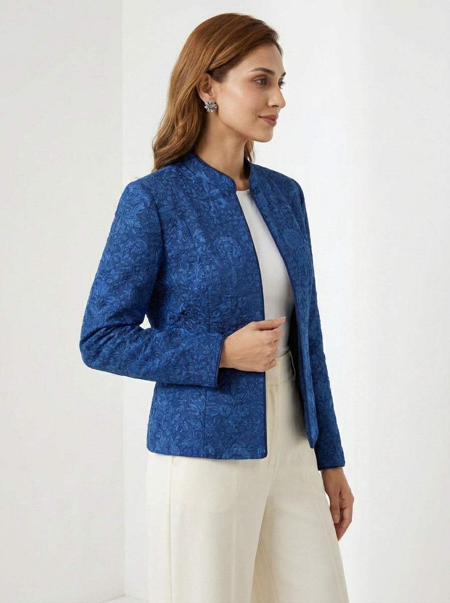 Dupion Silk Resham Flower Jaal Embroidered Jacket - Blue