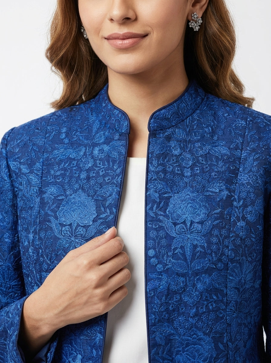 Dupion Silk Resham Flower Jaal Embroidered Jacket - Blue