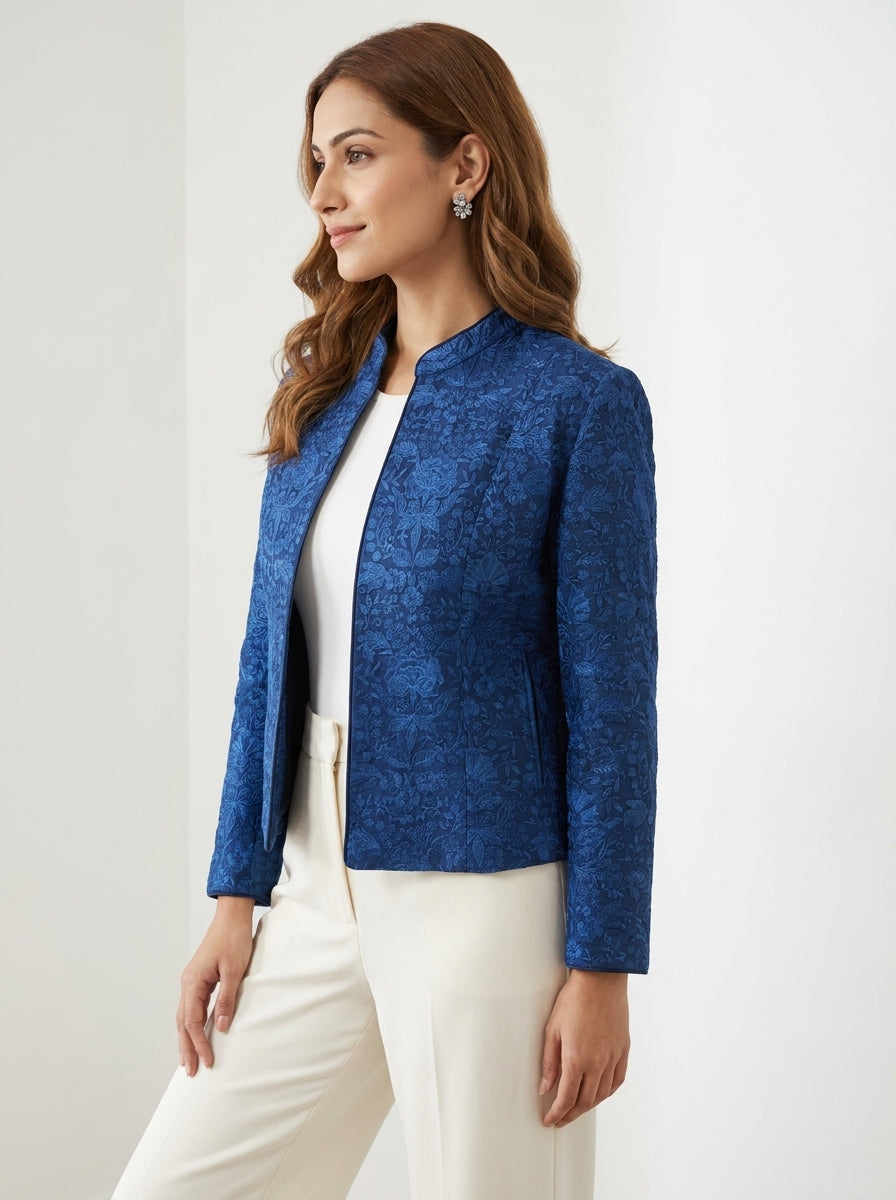 Dupion Silk Resham Flower Jaal Embroidered Jacket - Blue