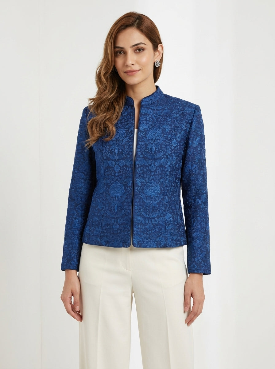 Dupion Silk Resham Flower Jaal Embroidered Jacket - Blue
