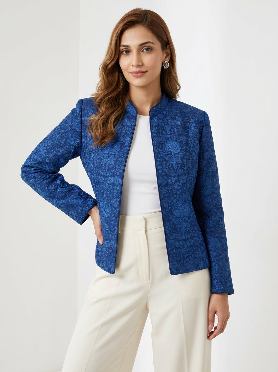 Dupion Silk Resham Flower Jaal Embroidered Jacket - Blue