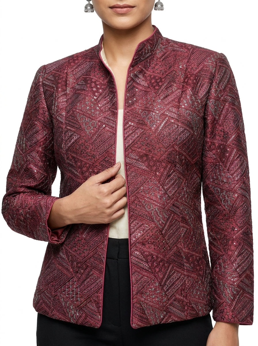 Dupion Silk Distant Triangles Embroidered Jacket - Maroon