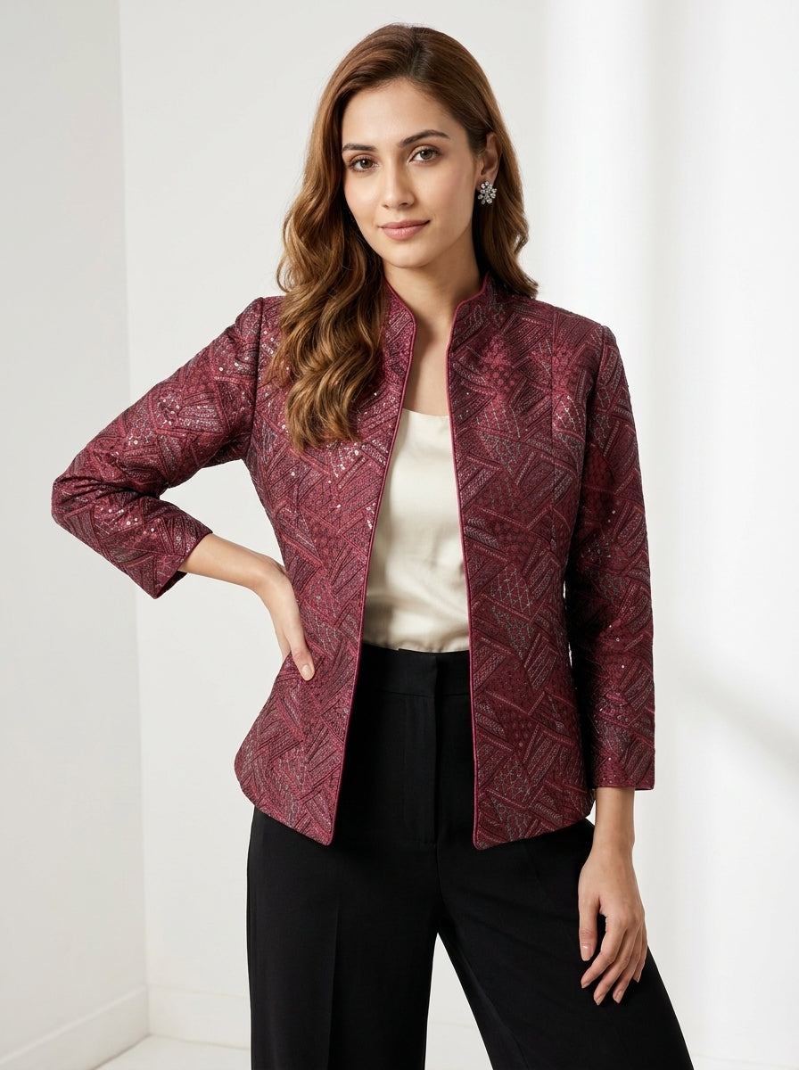 Dupion Silk Distant Triangles Embroidered Jacket - Maroon