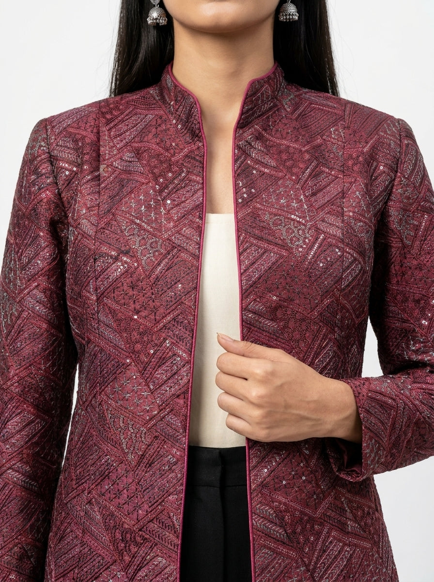 Dupion Silk Distant Triangles Embroidered Jacket - Maroon