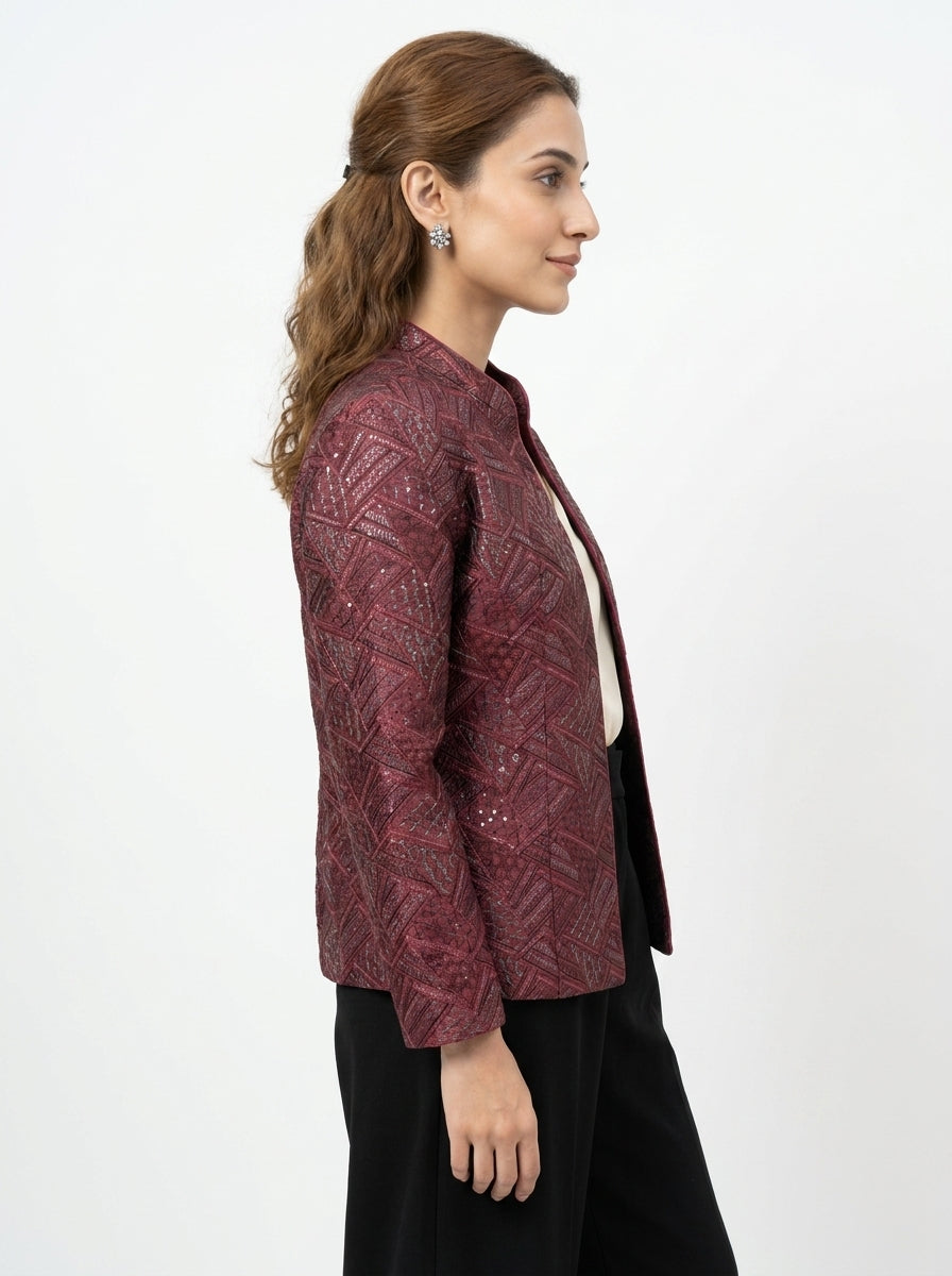 Dupion Silk Distant Triangles Embroidered Jacket - Maroon