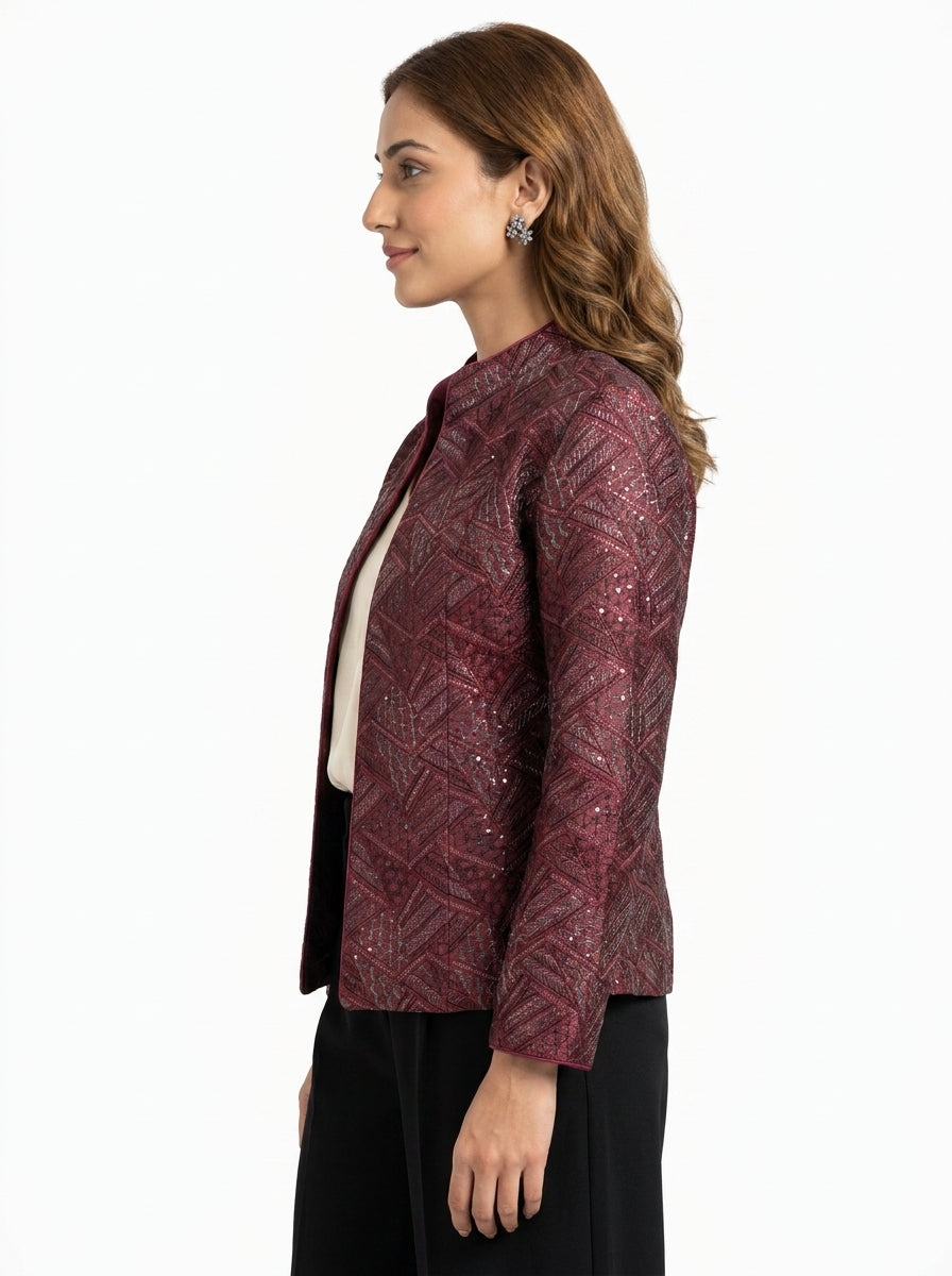 Dupion Silk Distant Triangles Embroidered Jacket - Maroon