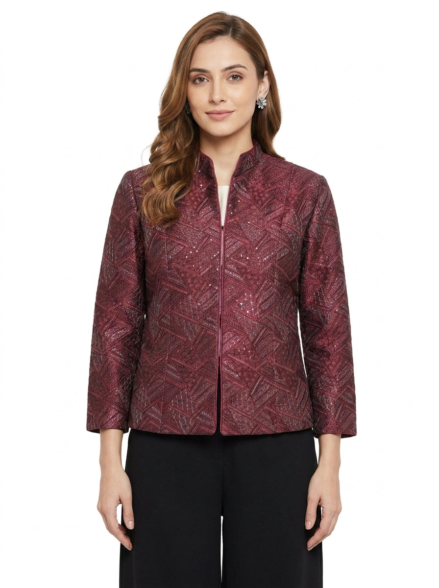 Dupion Silk Distant Triangles Embroidered Jacket - Maroon