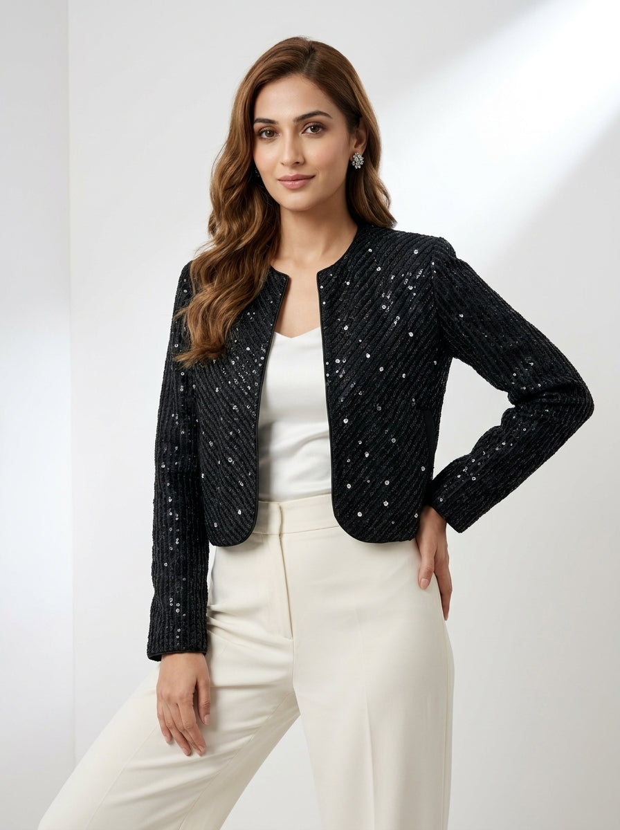 Dupion Silk Diagonal Flower Embroidered Jacket