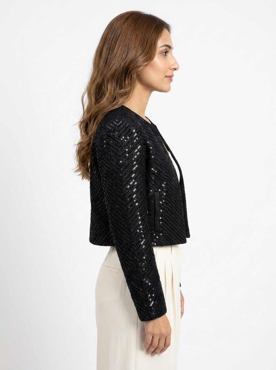 Dupion Silk Diagonal Flower Embroidered Jacket