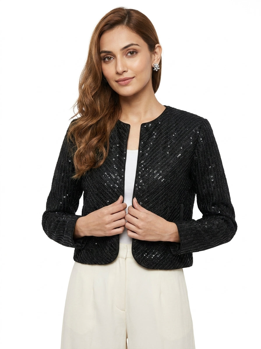 Dupion Silk Diagonal Flower Embroidered Jacket