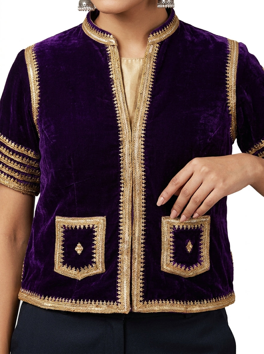 Velvet Dori Embroidery Small Flower Buti Jacket - Purple