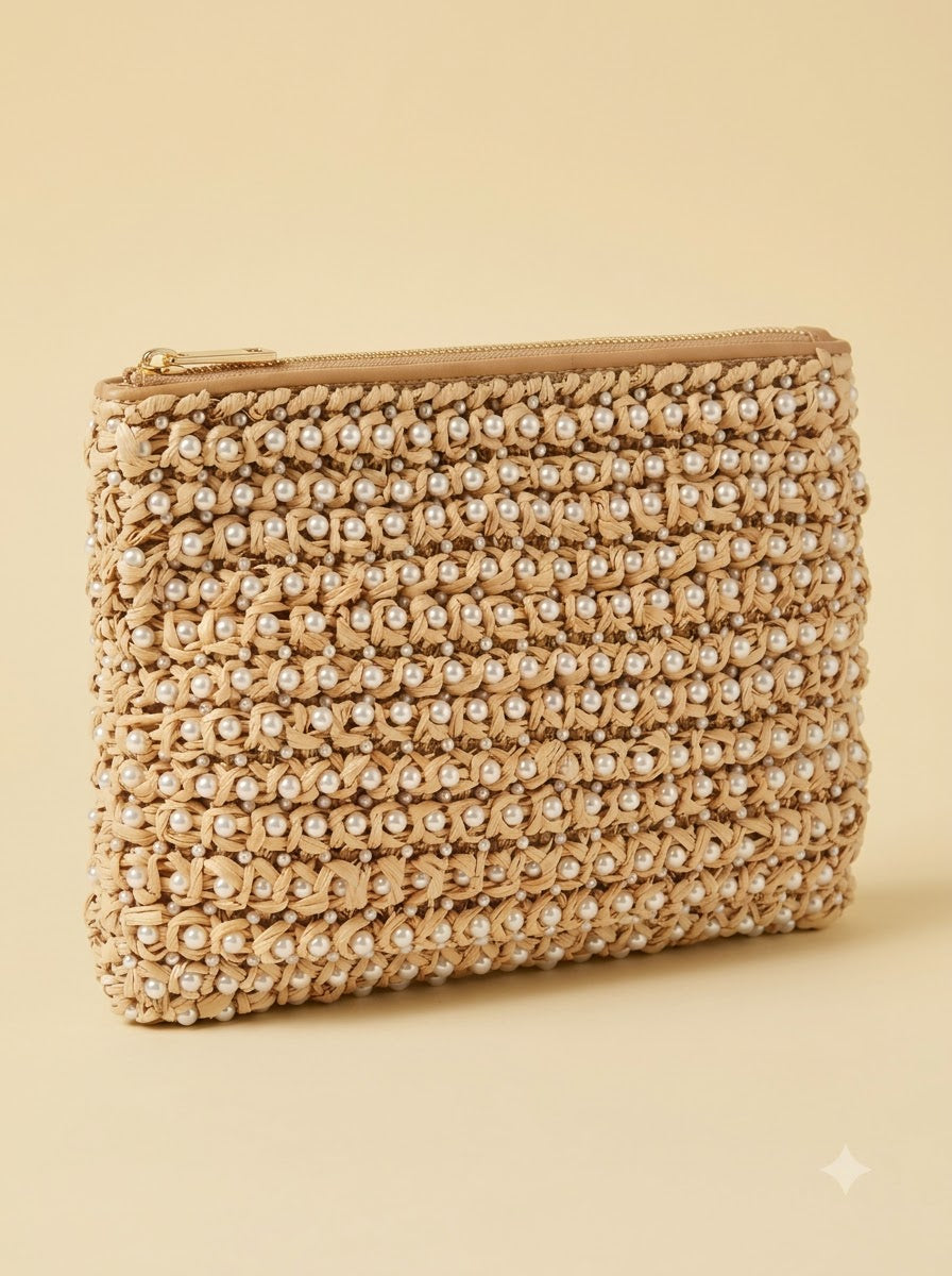 The Paros Beige Clutch – Woven Pearl Embellished Clutch Bag | Women's Designer Day & Evening Clutch
