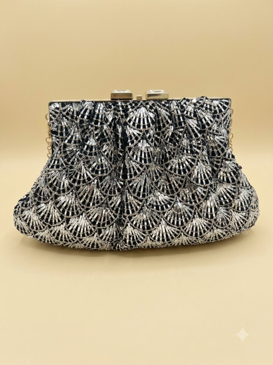 The Zena Silver Clutch – Crystal & Mirror Scallop Fan Embellished Clutch | Women's Designer Evening Clutch