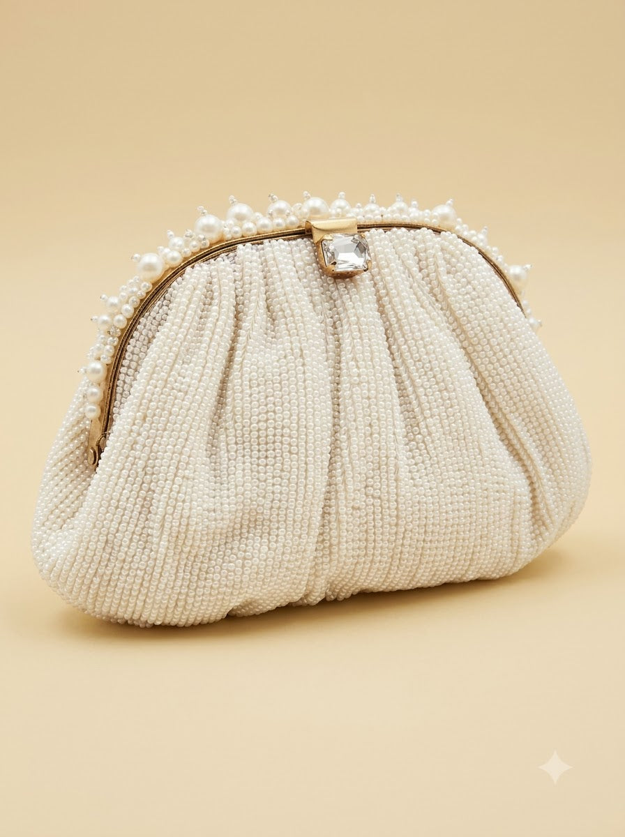 The Perla White Clutch – All-Over Pearl Embellished Frame Clutch | Women’s Designer Bridal Clutch