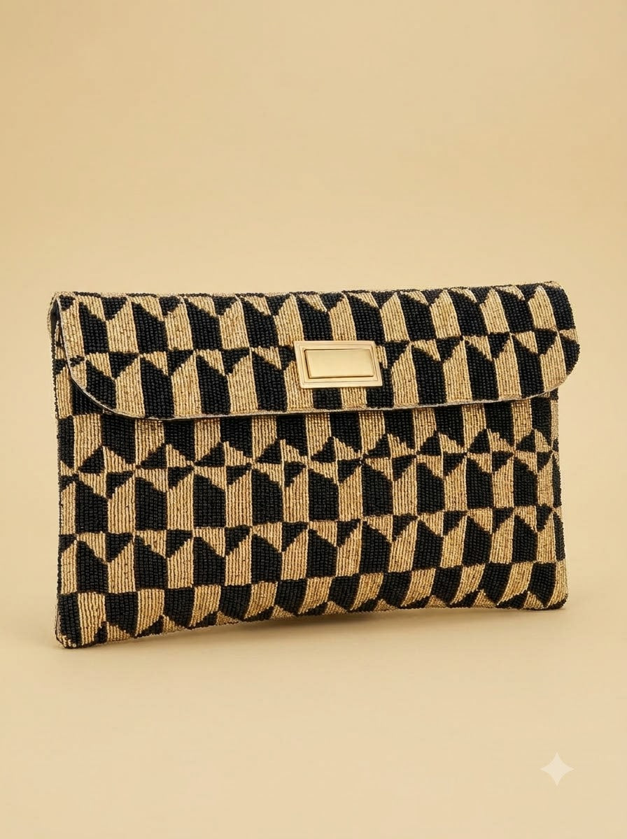 The Ginerva Clutch – Black | Geometric Seed Bead Envelope Clutch | Women's Designer Evening Clutch