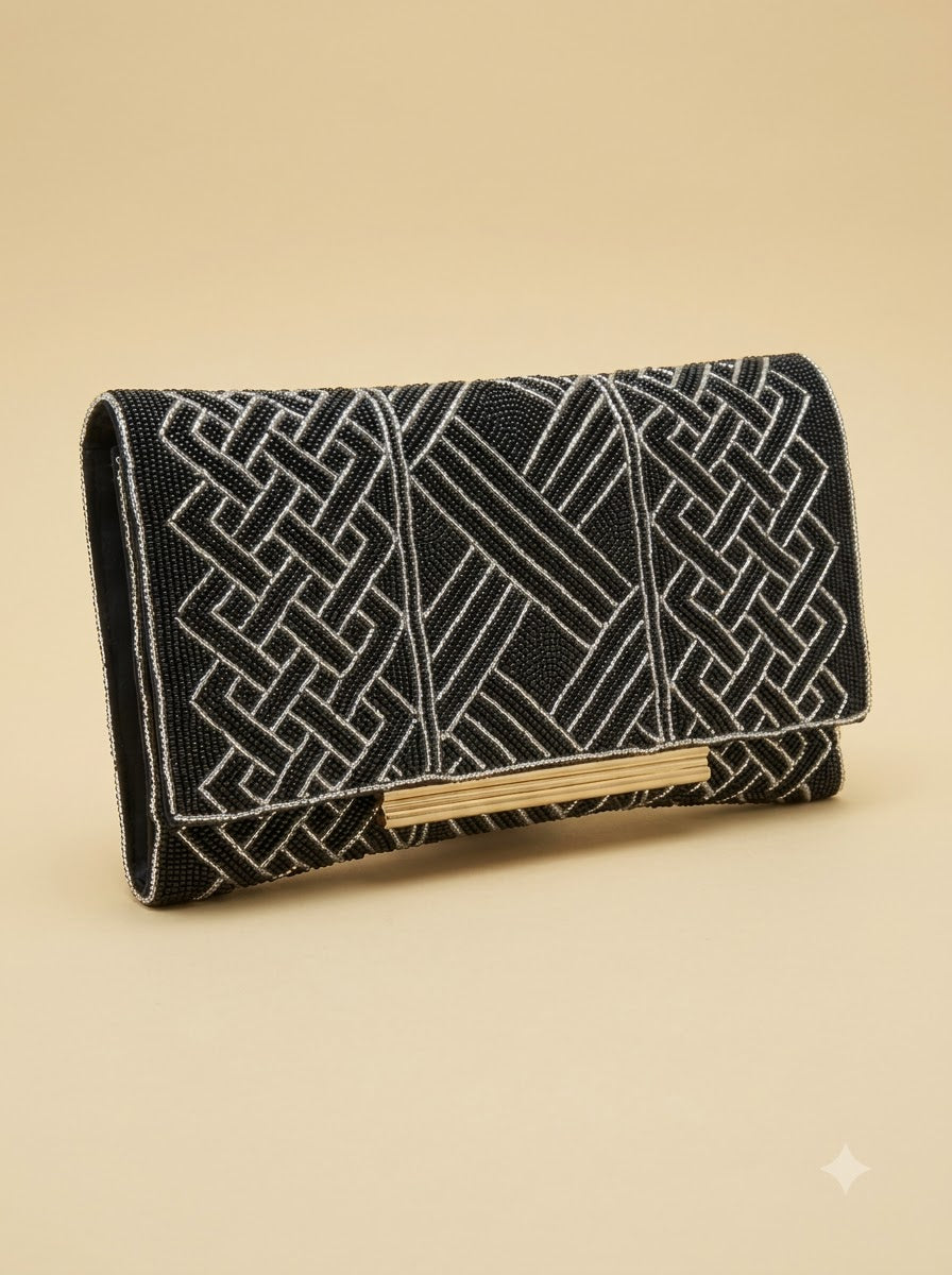The Chiara Clutch – Black | Art Deco Geometric Seed Bead Clutch | Women's Designer Evening Clutch