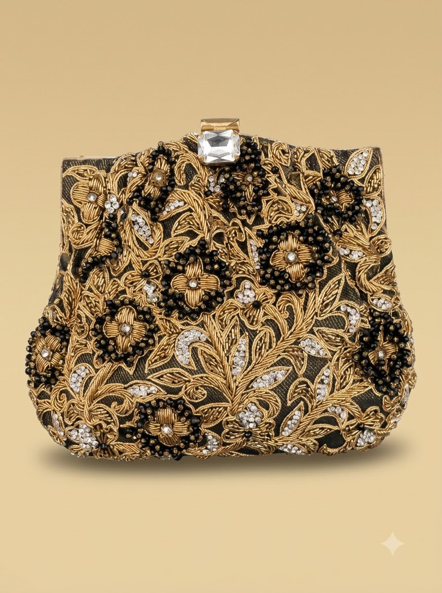 The Floral Pouch – Black & Gold | Zardozi Floral Embroidered Clutch Pouch | Women's Designer Evening Clutch