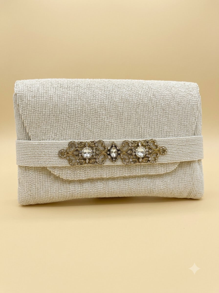 The Artemm Clutch – Ivory | All-Over Seed Bead Clutch with Jewelled Brooch Clasp | Women's Designer Bridal Clutch