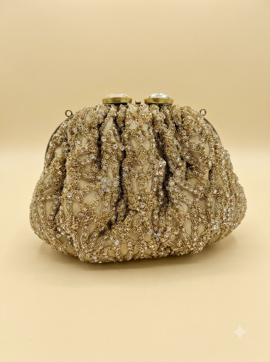 The Emill Clutch – Gold | Ruched Bead & Crystal Embellished Frame Clutch | Women's Designer Evening Clutch