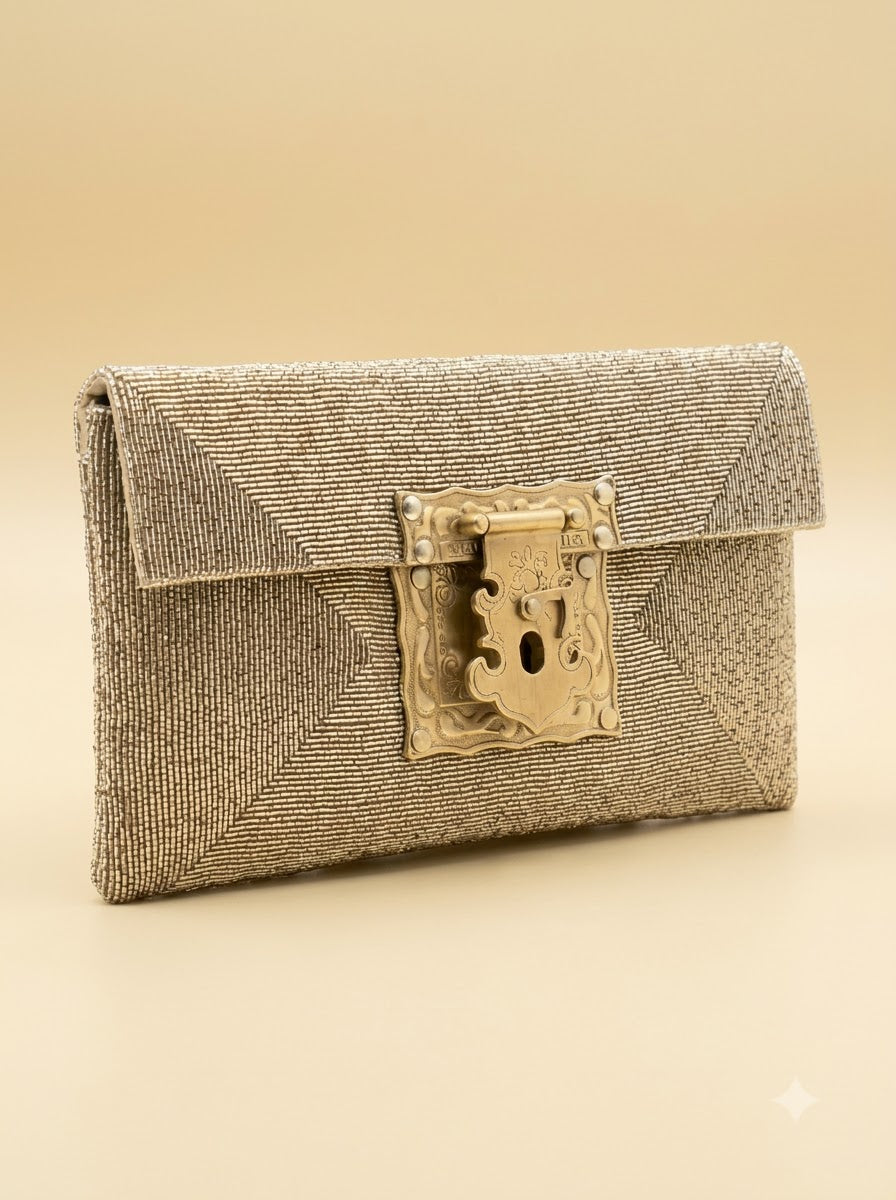 The Dimitra Clutch – Gold | All-Over Bugle Bead Envelope Clutch with Antique Lock Clasp | Women’s Designer Evening Clutch