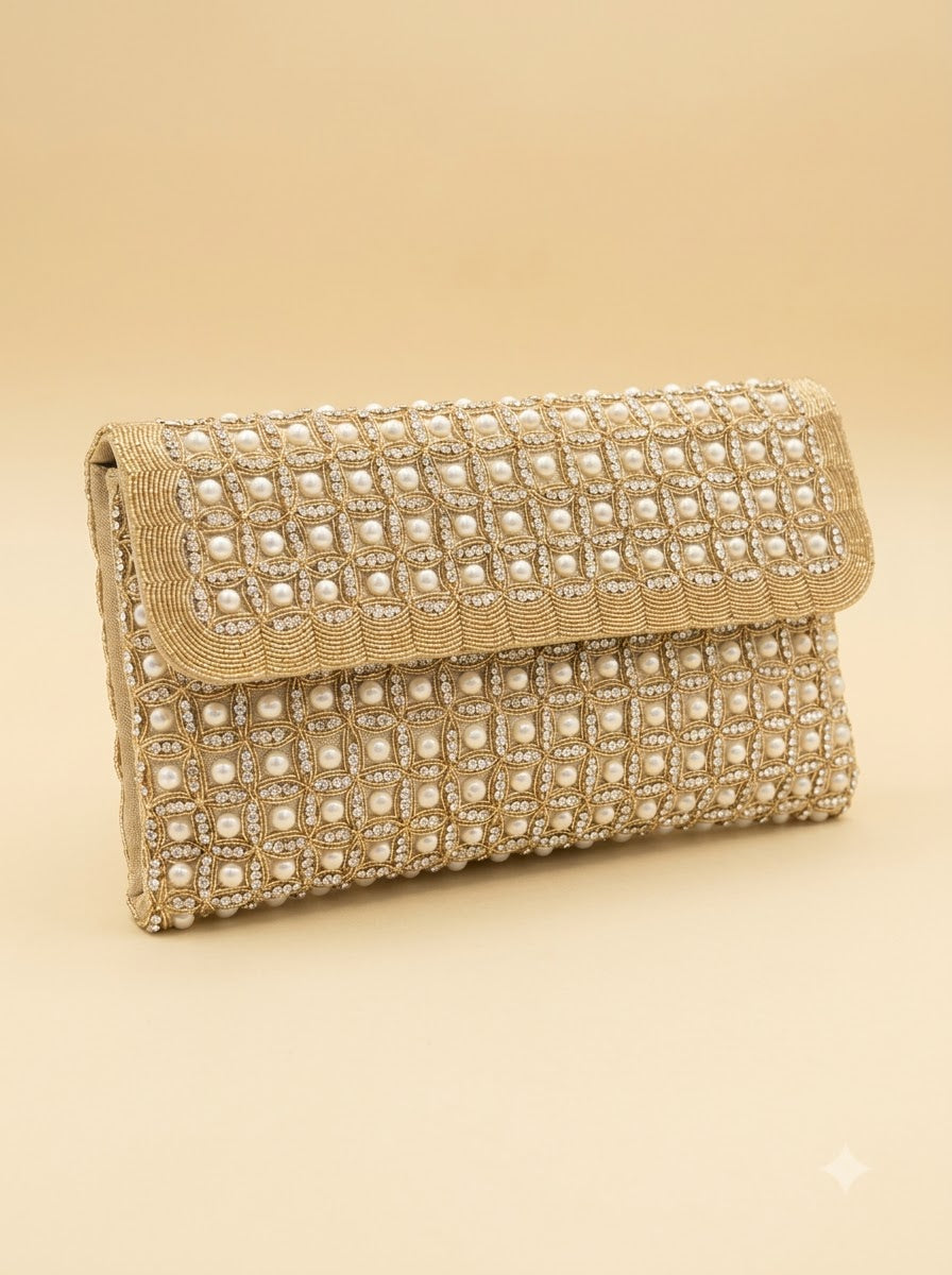 The Cara Clutch – Gold | Pearl & Crystal Embellished Envelope Clutch with Scallop Flap | Women’s Designer Evening Clutch