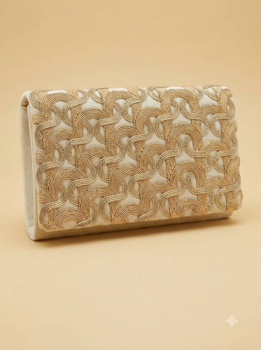 The Astoria Clutch – Silver | Gold Zardozi Chain-Link Embroidered Envelope Clutch | Women’s Designer Evening Clutch