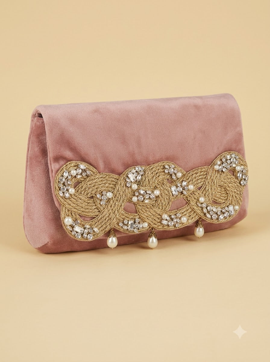The Seraphine Clutch – Pink | Blush Velvet Clutch with Gold Zardozi Braid, Crystals & Pearl Drops | Women’s Designer Evening Clutch