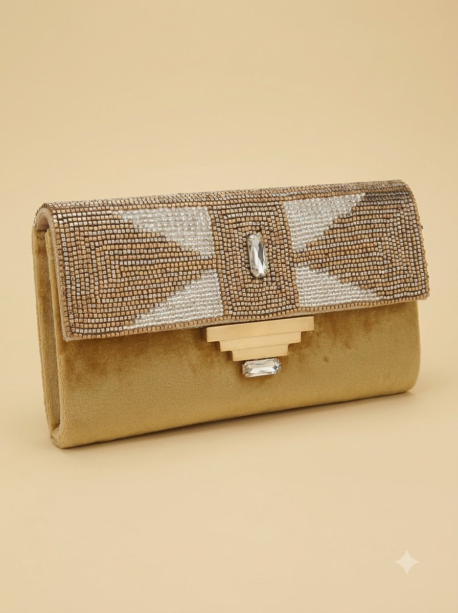 The Decotemple Clutch – Gold | Gold Velvet Clutch with Two-Tone Beaded Flap & Art Deco Crystal Clasp | Women’s Designer Evening Clutch
