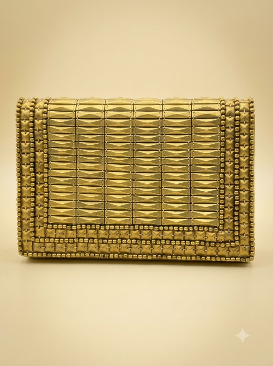 The Corazza Clutch – Gold | All-Metal Antique Gold Structured Clutch with Diamond-Facet Panel & Ball-Chain Border | Women’s Designer Evening Clutch