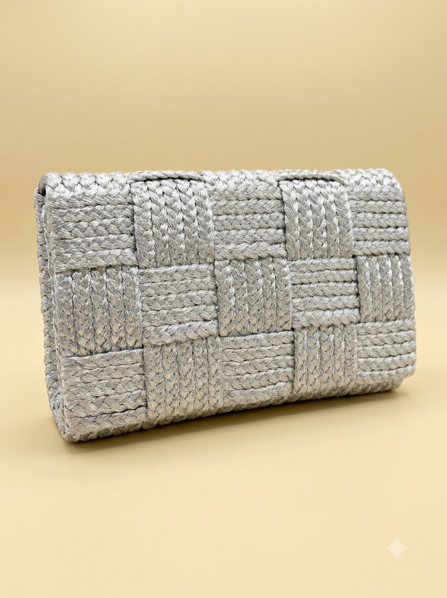 The Riviera Clutch – Silver | All-Over Woven Metallic Braid Envelope Clutch | Women’s Designer Evening Clutch