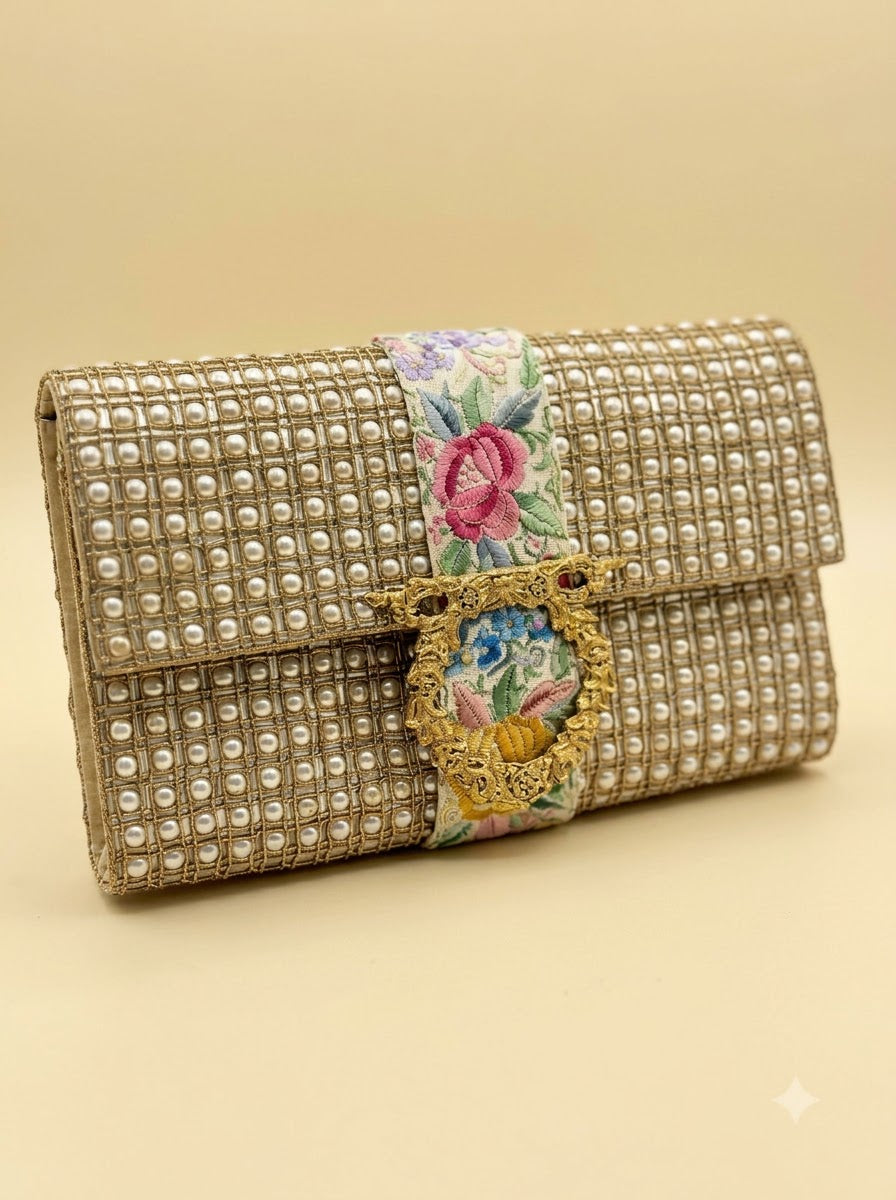 The Heirloom Clutch – Silver | Pearl Grid Envelope Clutch with Floral Embroidered Sash & Ornate Gold Buckle | Women’s Designer Evening Clutch