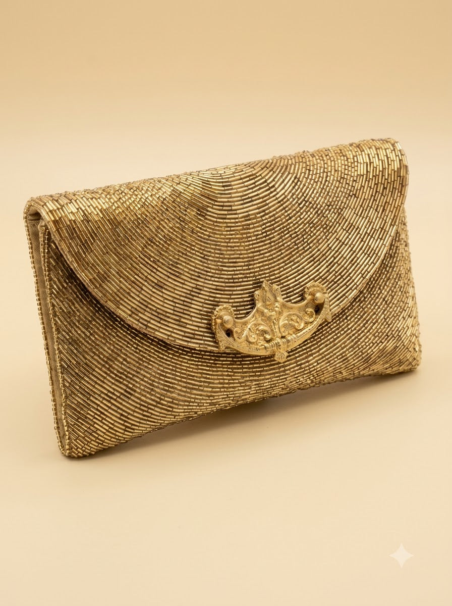 The Demilune Gold Clutch – All-Over Bead Embellished Envelope Clutch | Women's Designer Evening Clutch