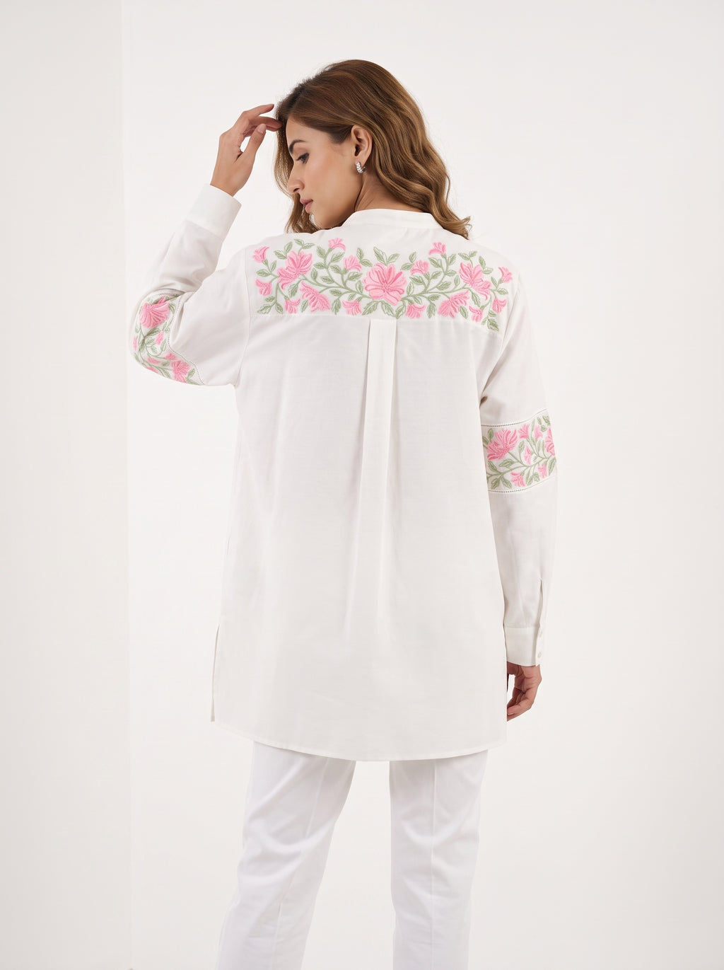 Chanderi Pink Floral Garland Embroidery Shirt – Off White | Women's Designer Ethnic Wear