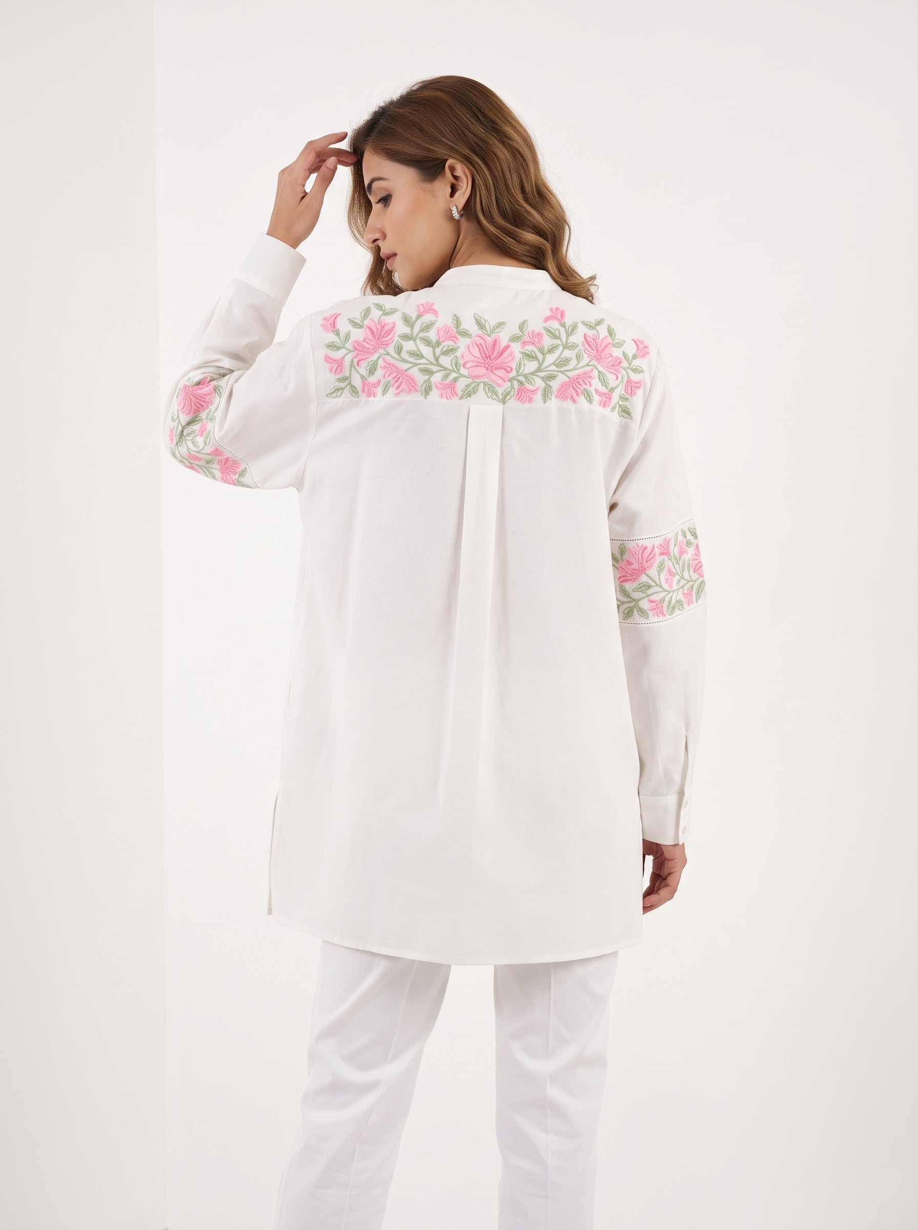 Chanderi Pink Floral Garland Embroidery Shirt – Off White | Women's Designer Ethnic Wear
