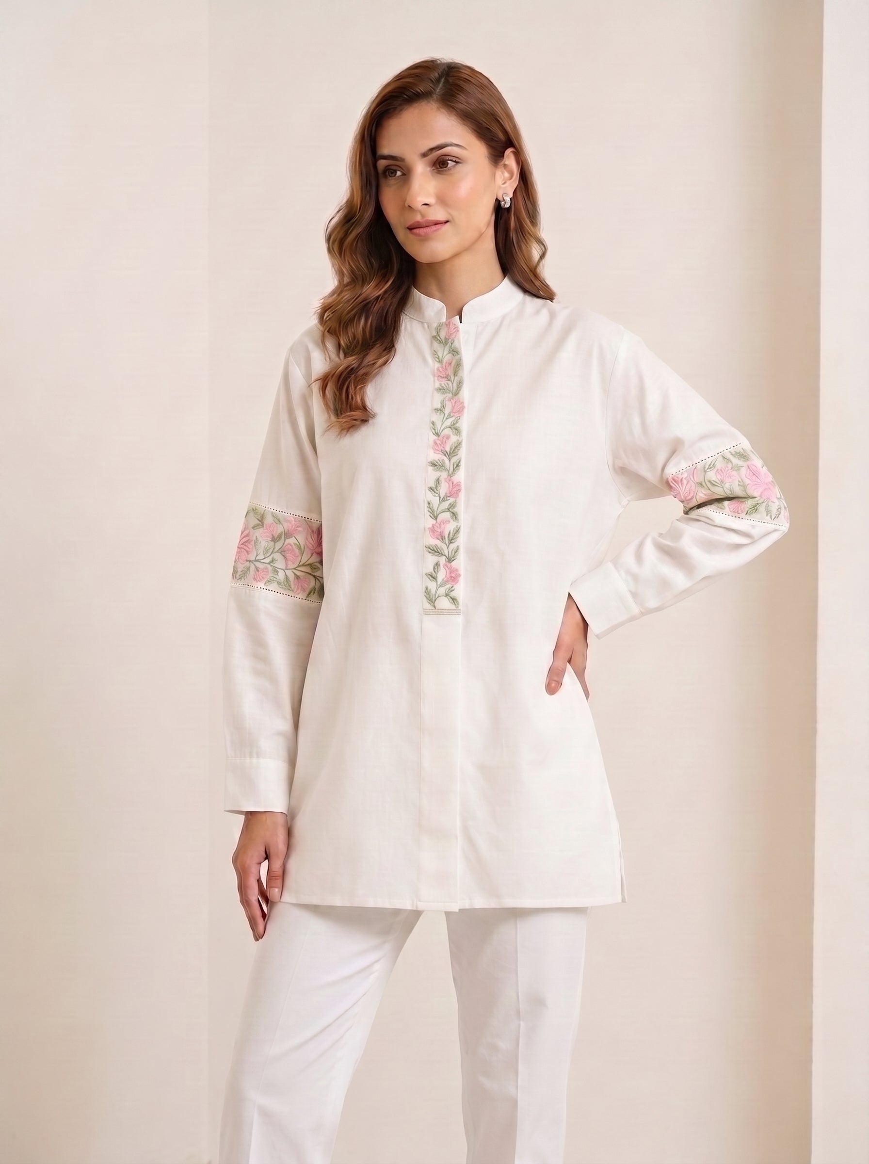 Chanderi Pink Floral Garland Embroidery Shirt – Off White | Women's Designer Ethnic Wear