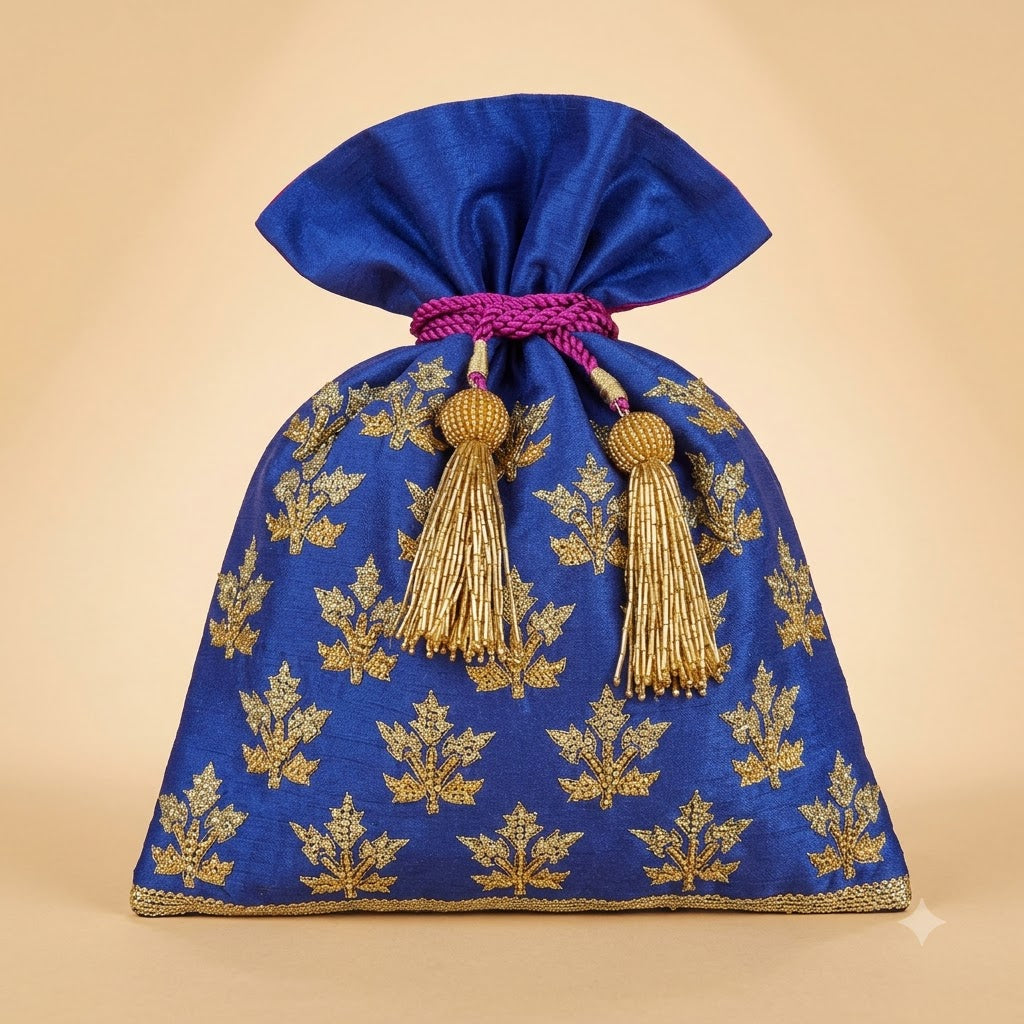 Dupion Silk Phool Patti Embroidery Potli Bag – Royal Blue | Women's Designer Festive Potli