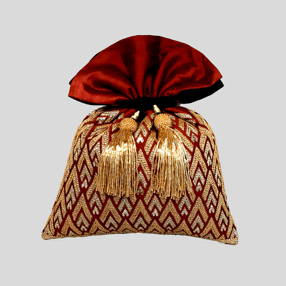 Dupion Silk Pinnacle Design Embroidery Potli - Maroon