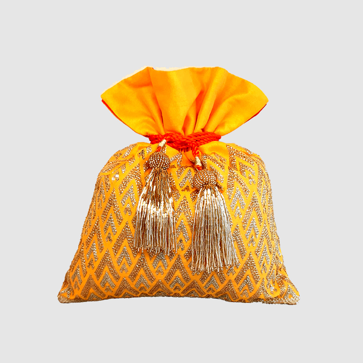 Dupion Silk Pinnacle Design Embroidery Potli - Yellow