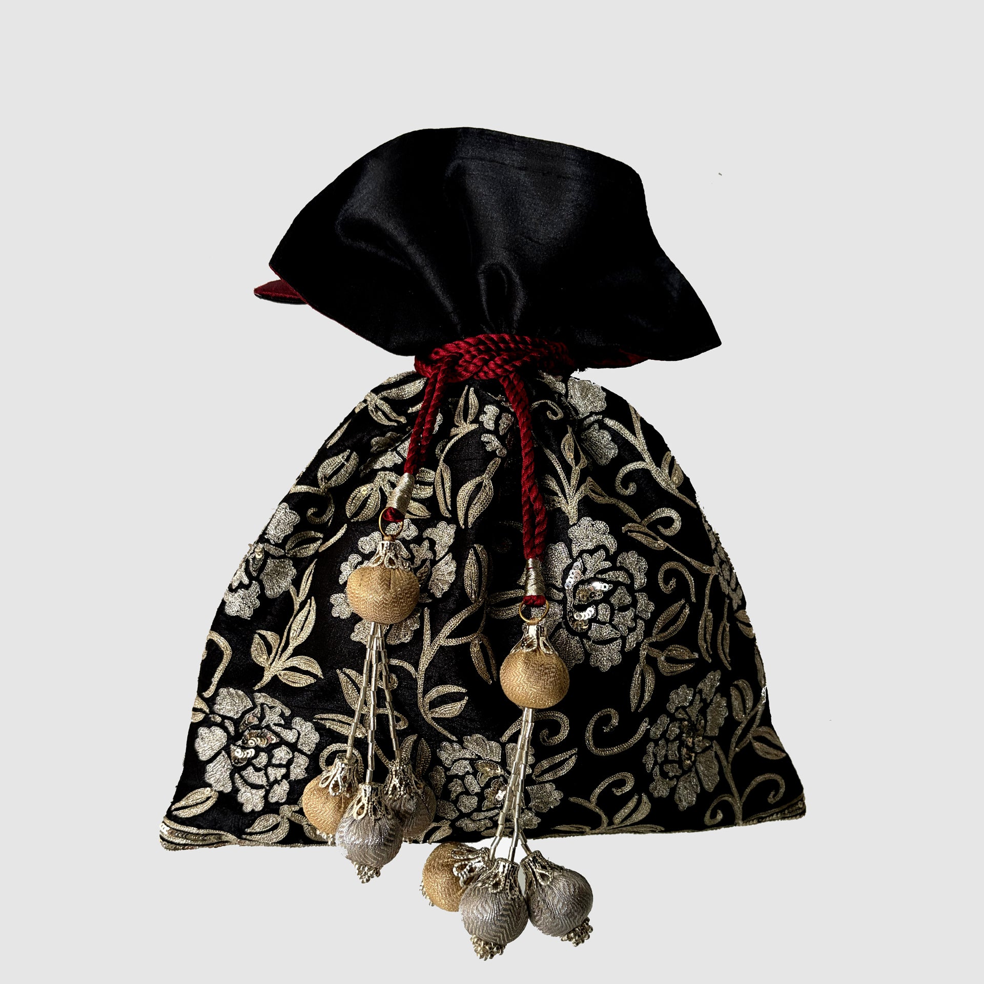 Dupion Silk Rose Jaal Aari Embroidery Potli-Black