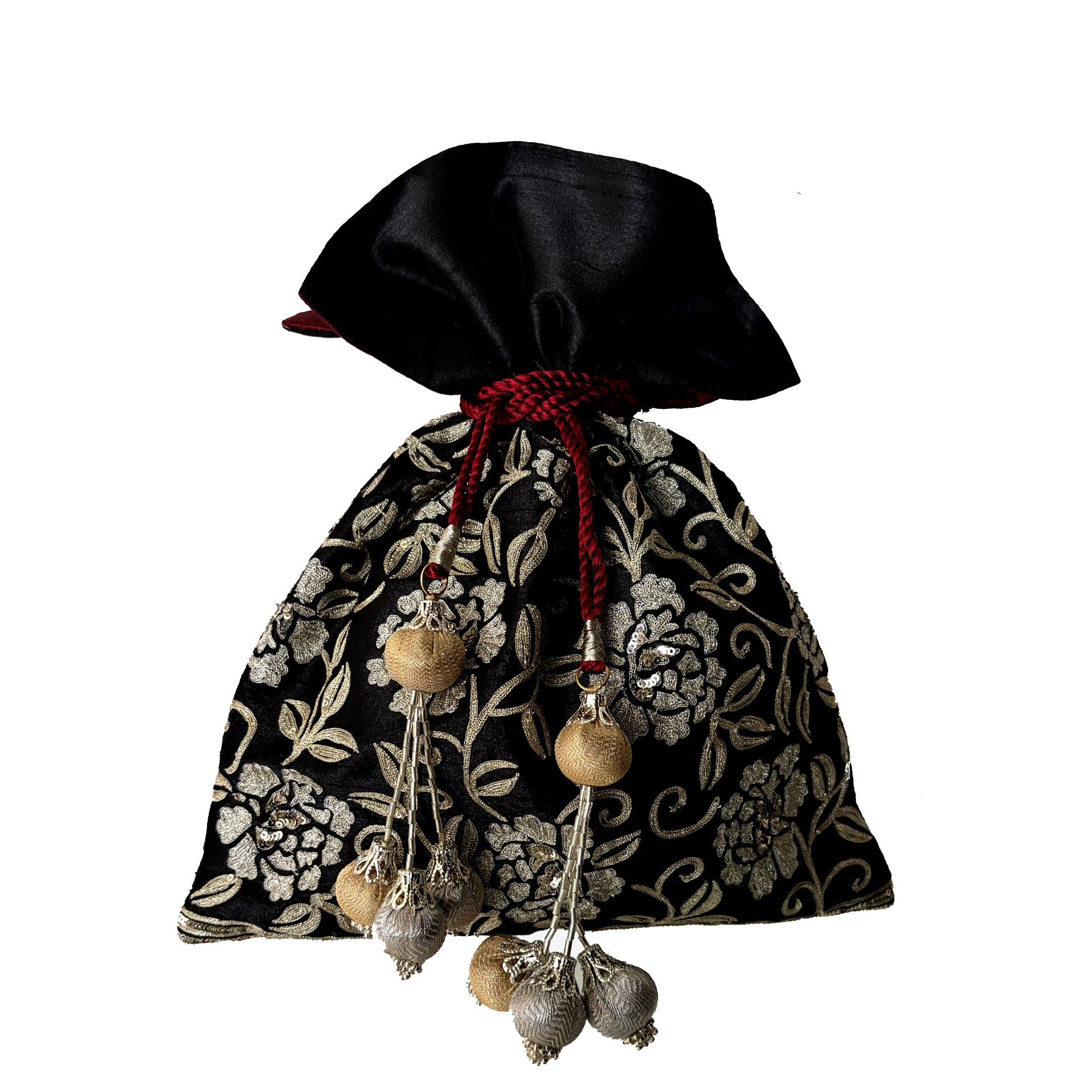 Dupion Silk Rose Jaal Aari Embroidery Potli-Black