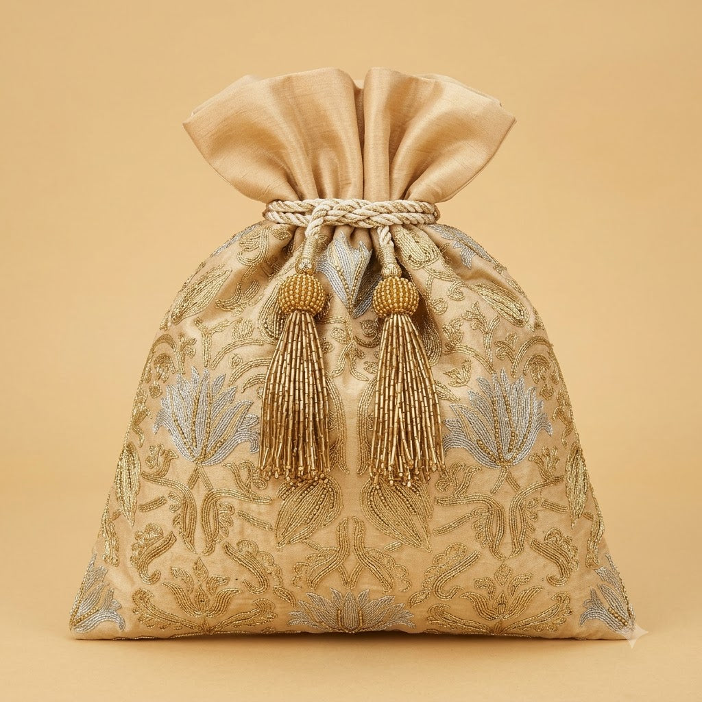 Dupion Silk Lotus Jaal Aari Sequin Embroidery Potli Bag – Beige | Women's Designer Festive Potli