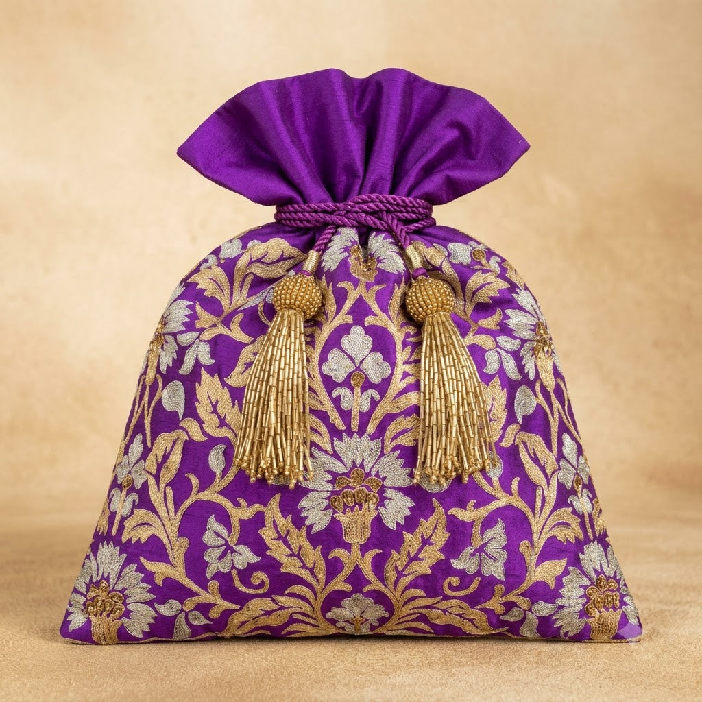 Dupion Silk Mughal Jaal Aari Sequin Embroidery Potli Bag – Purple | Women's Designer Festive Potli