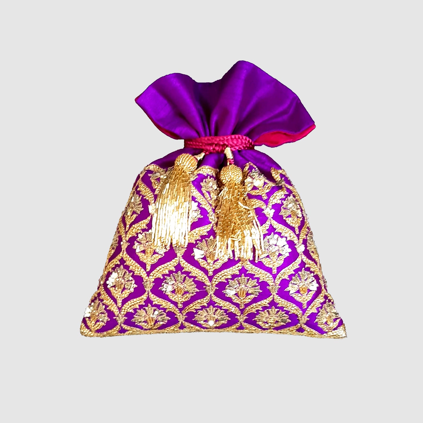 Dupion Silk Pankha Buti Jaal Embroidery Potli - Purple