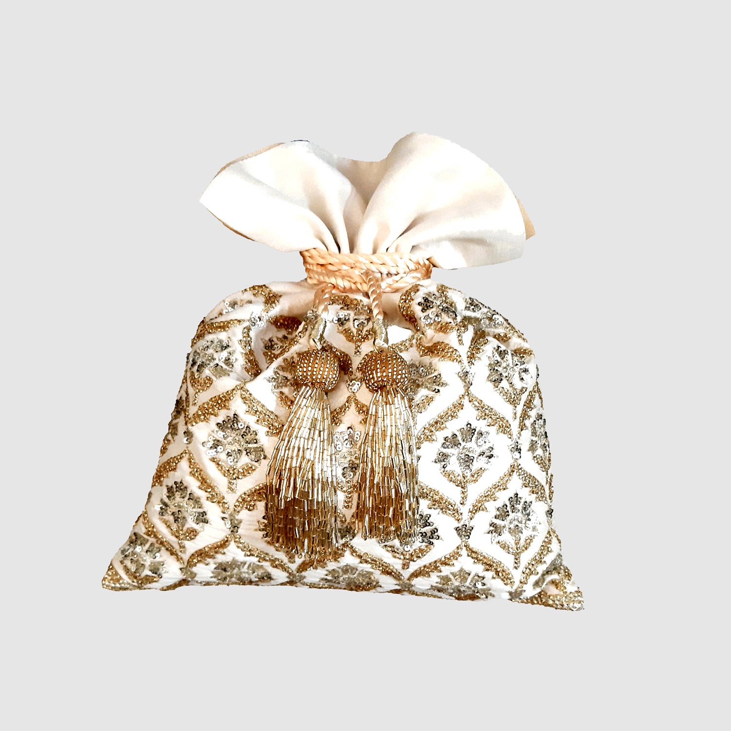 Dupion Silk Pankha Buti Jaal Embroidery Potli - Ivory