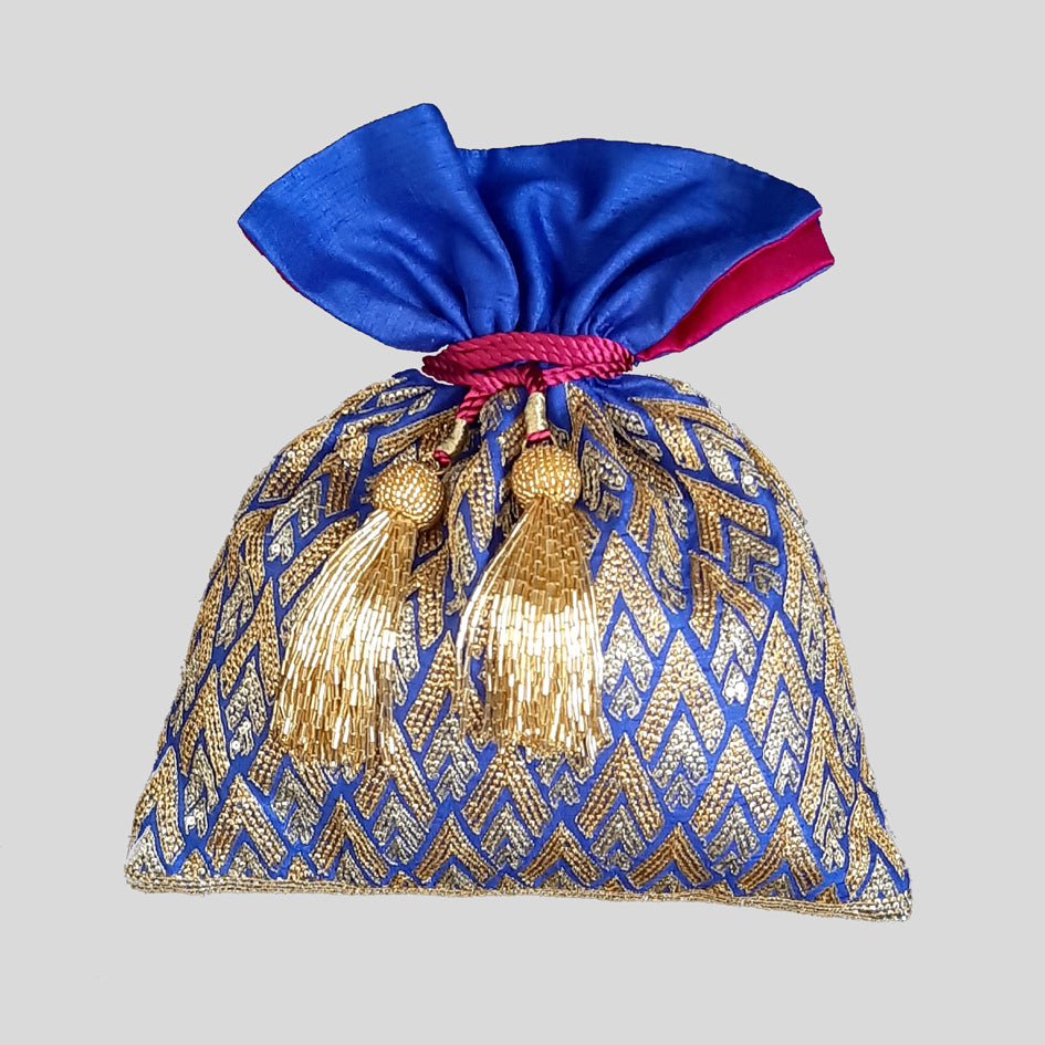 Dupion Silk Pinnacle Design Embroidery Potli - Blue