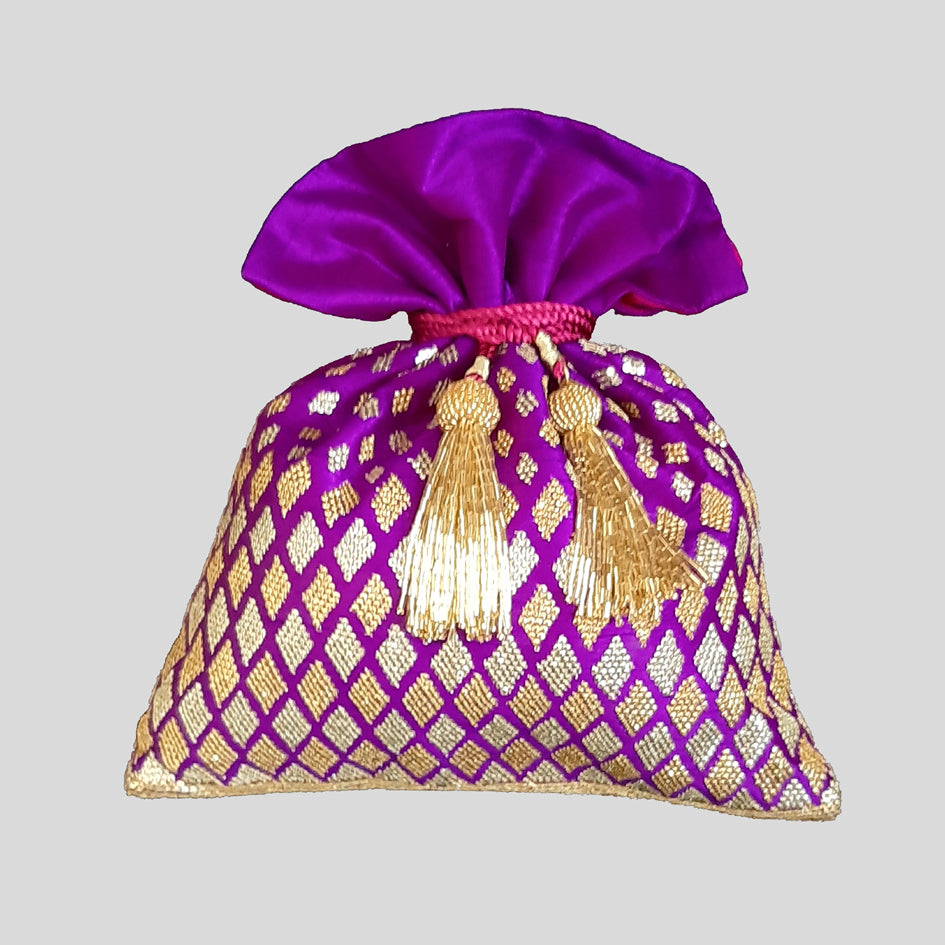 Dupion Silk Graded Diamond Embroidery Potli - Purple