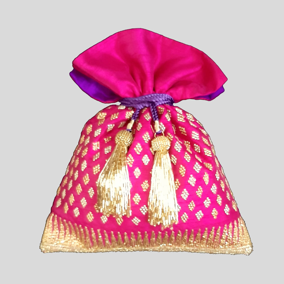 Dupion Silk Graded Diamond Embroidery Potli - Fuschia